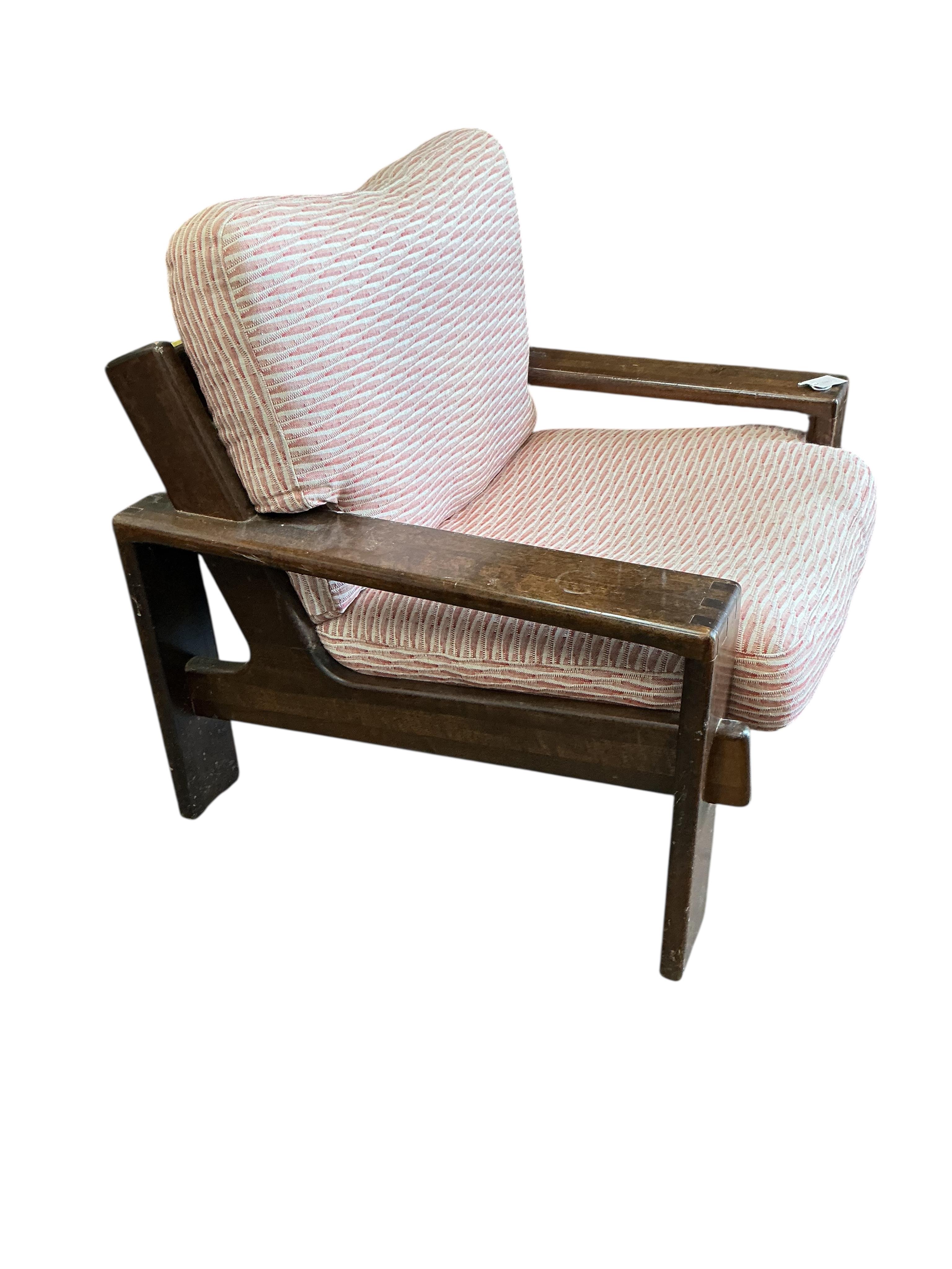A pair of Arts & Crafts style walnut armchairs with loose cushion seats and backs, width 80cm, depth 80cm, height 85cm